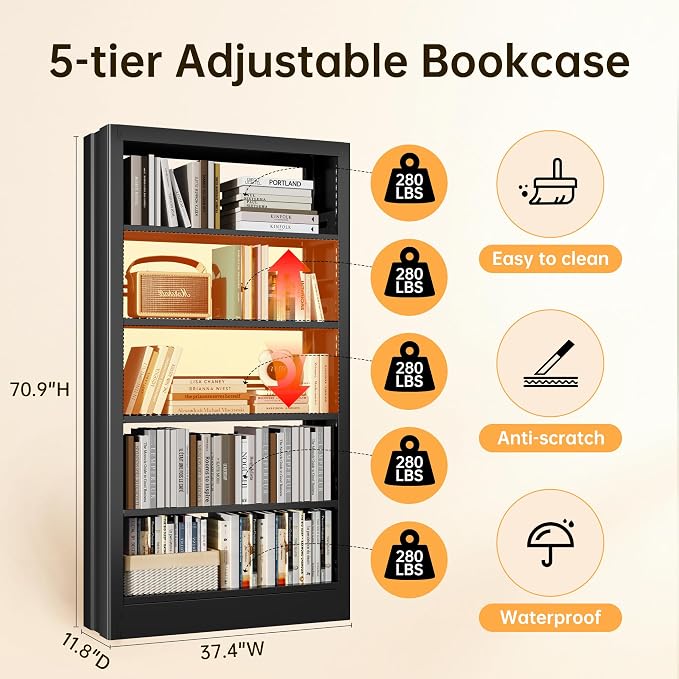 5-Tier Bookcase with Adjustable Storage Shelves, Heavy Duty Bookcase, Metal Bookshelf with Book Stopper, Black Bookcase Shelf for Library, Office, Living Room