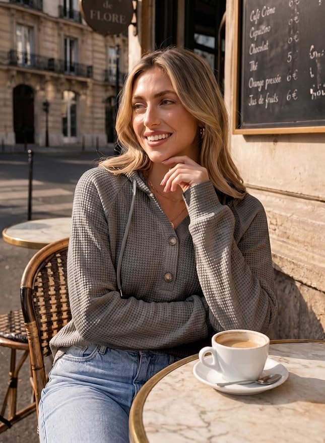 Dokotoo Hoodies for Women Waffle Knit Long Sleeve Drawstring Button V Neck Casual Sweatshirt Hooded Tops Fashion Clothing