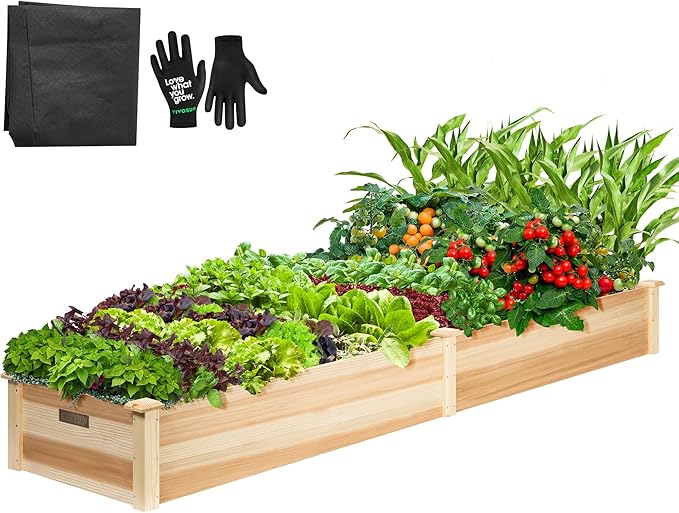 VIVOSUN 8×2Ft Wooden Raised Garden Bed, 97 x 25 x 11 Inches, Outdoor Wood Planter Box with Gloves and a Liner for Garden, Patio, Balcony, Backyard and Outdoors