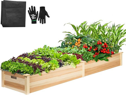 VIVOSUN 8×2Ft Wooden Raised Garden Bed, 97 x 25 x 11 Inches, Outdoor Wood Planter Box with Gloves and a Liner for Garden, Patio, Balcony, Backyard and Outdoors
