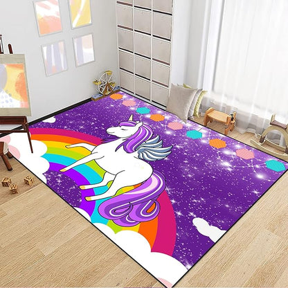Unicorn Rugs for Girls Bedroom Unicorn Area Rugs for Girls Bedroom Rainbow Carpet Kids Unicorn Rugs for Bedroom Girls Living Room Floor Mat, Purple, 3'×5'