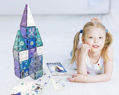 Tytan Toys Disney Frozen Magnetic Tiles Princess Castle - 68-Piece STEAM Building Set with Glitter Tiles & Elsa, Anna, Olaf Stickers - Educational Frozen Toys for Girls Age 3-4+