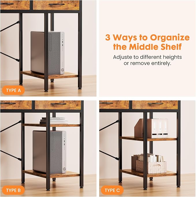 Sweetcrispy 47" Computer Desk with 6 Fabric Drawers & Storage Shelves | Reversible Gaming Desk, Office Desk, Computer Workstation, Corner Desk with Storag, Home Office, Living Room, Rustic Brown