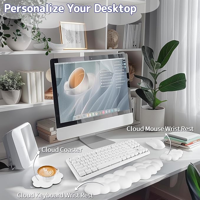 Sushret Cloud Wrist Rest Keyboard, Cloud Keyboard Wrist Pad Set with PU Leather Memory Foam, Cute Arm Rest for Palm Support, PC/Gaming Desk Accessories/Office Setup/Computer Hand Cushion - White