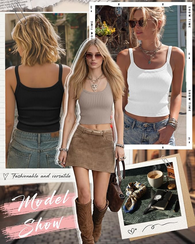 Ficerd 3 Pack Women's Tank Tops 95% Cotton Spaghetti Strap Ribbed Crop Camisole Slim Fitted Basic Summer Sleeveless Layer