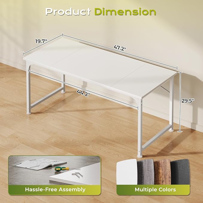 PRAISUN 47 Inch Computer Desk, Home Office Desk with Spacious Desktop, White