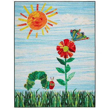 Eric Carle Home Dynamix The Very Hungry Caterpillar Elementary Sun Scene Kids Machine Washable Area Rug, Blue/Green, 35"x51"