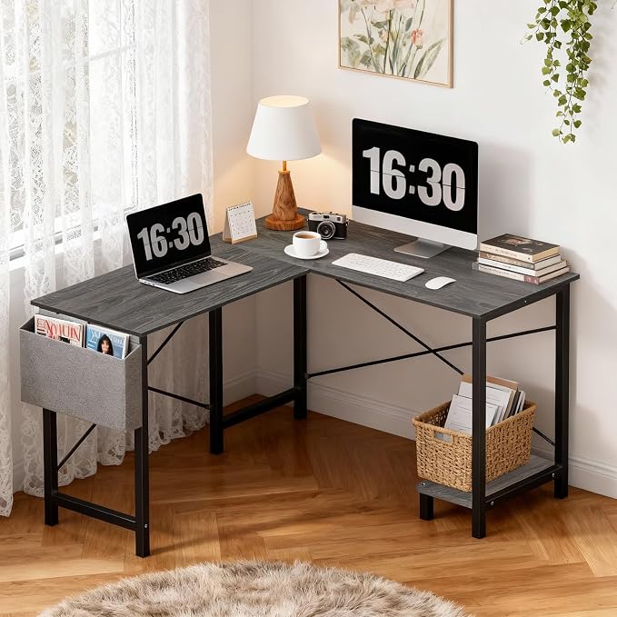 OLIXIS L Shaped Desk, Gaming Desk, Corner Table 50 Inch | Side Bag, Reversible Shelf, Home Work Study Writing, PC Workstation, Easy Assembly, Grey