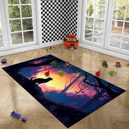 Magic Black Cat Rug - Moon Cat Rug for Girls Room Forestscape Cat Area Rug Black Cat Door Mat Colorful Rug with Black Cat Pattern, 3x5 Feet