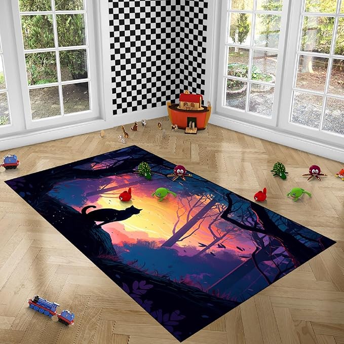 Magic Black Cat Rug - Moon Cat Rug for Girls Room Forestscape Cat Area Rug Black Cat Door Mat Colorful Rug with Black Cat Pattern, 4x5 Feet