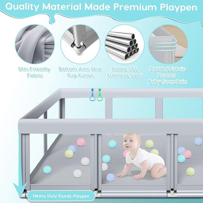 Fshibila 74" ×50" Large Baby Playpen, Baby Playard for Babies and Toddlers, PlayPen for Indoor & Outdoor, Sturdy Safety Play Yard with Soft Breathable Mesh, Anti-Fall, Ball x 18, Handle x 2, Grey
