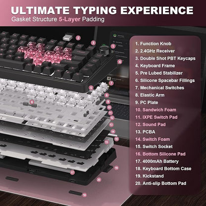 YUNZII B75 PRO 75% Wireless Mechanical Keyboard (Black Heart, MilkV2) | Hot Swap Keyboard with Knob, Gasket Mount, Creamy Pre-lubed Switch for Smooth Typing, BT/USB-C/2.4G, for Gaming