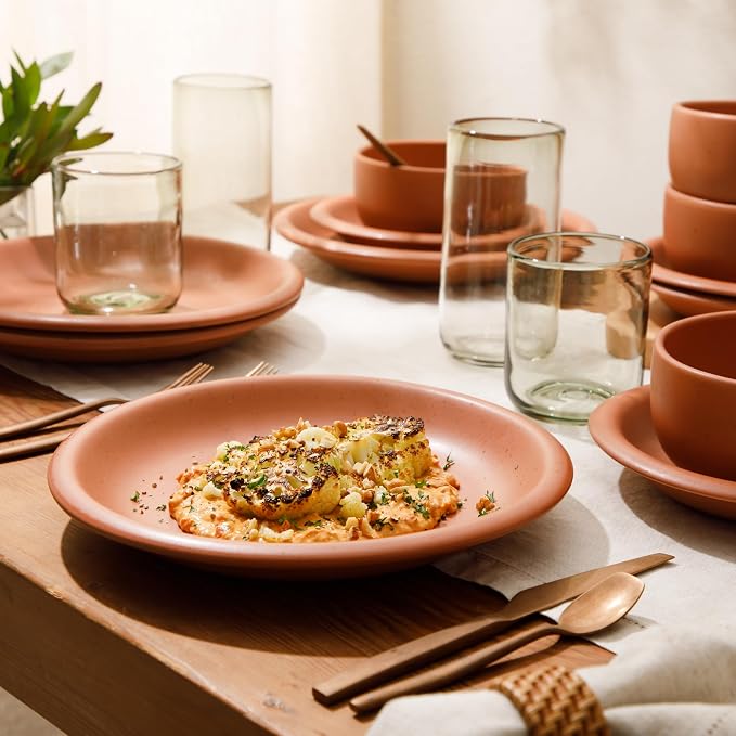 Bloomhouse - Two Time Oprah's Favorite Things Winner - Corsica Clay 12-Piece Stoneware Rustic Reactive Glaze Dinnerware Set - Stackable Plates Bowls Set Service for 4 - Matte Burnt Apricot Terracotta