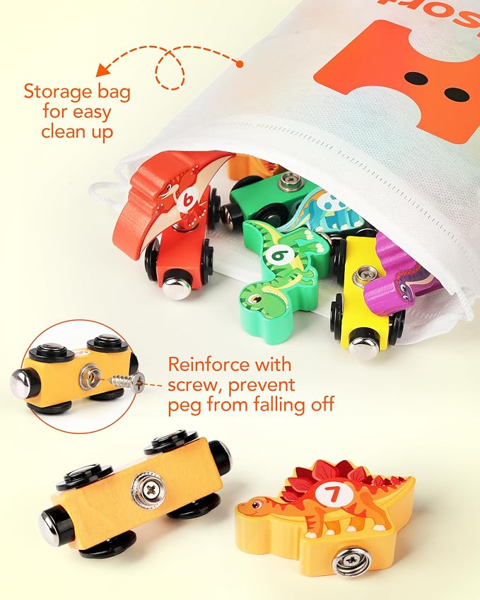 Wooden Dinosaur Train Set, Magnetic Dinosaur Toys and Number Train for Toddlers, Educational Montessori Toy for Counting and Motor Skills, for 3-5 Year Old Boys Girls