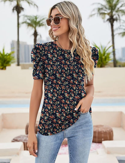 Ivicoer Puff Short Sleeve Shirt for Women Eyelet Tops Summer Crewneck Blouse Loose Fit S-XXL