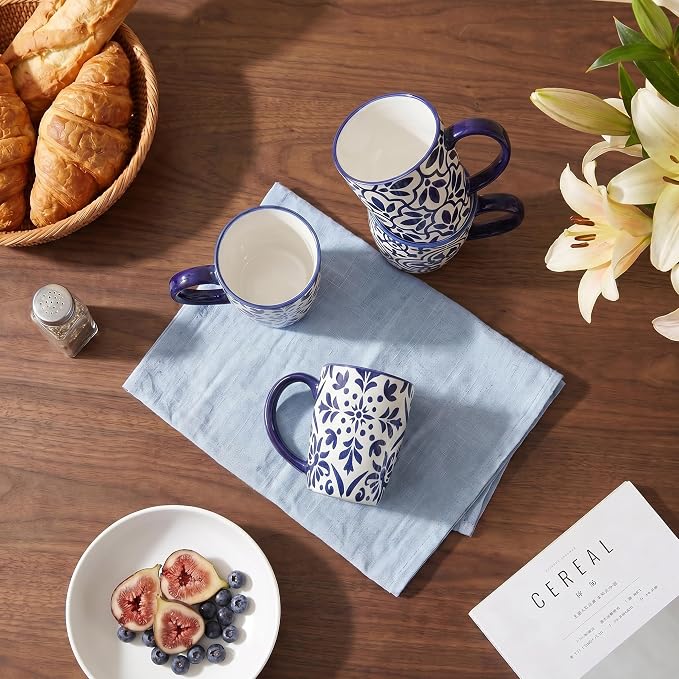 glowworm Coffee Mugs, 16 Ounce Ceramic Coffee Cups Set of 4, Blue & White | Large Latte Cups with Handle for Tea, Mocha, Milk, Perfect for Family Kitchen & Holiday Gifts, Dishwasher & Microwave Safe