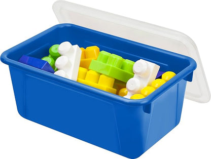 Storex Small Cubby Bins – Plastic Storage Containers for Classroom with Non-Snap Lid, 12.2 x 7.8 x 5.1 inches, Assorted Colors, 5-Pack (62406A05C)