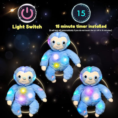 Hopearl LED Plush Three Toed Sloth Lighting Up Stuffed Animal Sloth Floppy Night Lights Glow in The Dark Birthday Festival for Kids Toddlers, Blue, 12.5''