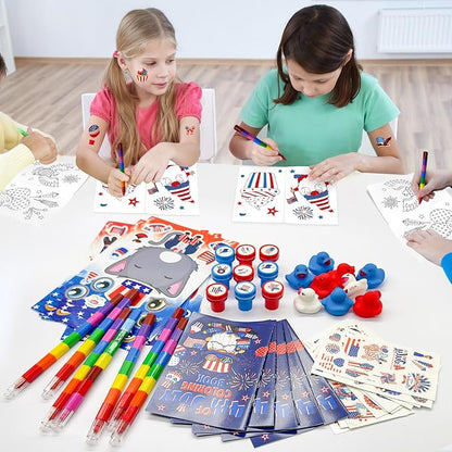 Cinrobiye 72 Pcs Patriotic Activity Set, 4th of July Coloring Books with Crayons, Stickers, Tattoos, Stampers and Mini Duck Accessories for Classroom Activity, Event Supplies and Holiday Gatherings