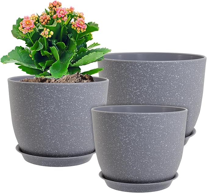 12/10/9 inch Large Plant Pots, 3 Pack Modern Decorative Plastic Planters with Drainage Holes and Saucer for House Garden Plants, Flower Pots for Indoor Outdoor Plants, Speckled Grey