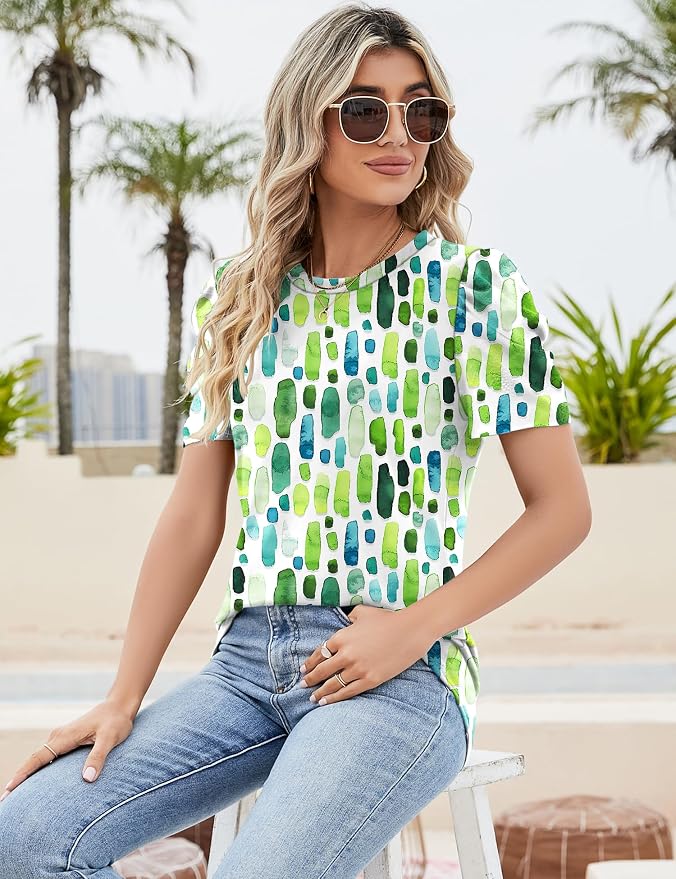Ivicoer Puff Short Sleeve Shirt for Women Eyelet Tops Summer Crewneck Blouse Loose Fit S-XXL