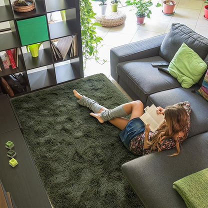 Softlife Rug for Bedroom 4x5.3 Feet Area Rug for Living Room Super Soft Shaggy Rugs for Kids Room Fluffy Fuzzy Carpets Long Plush Bedside Rug Nursery Christmas Home Decor for Boys Girls, Olive Green
