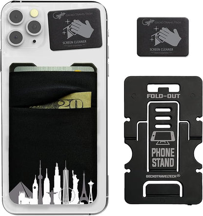 Gecko Travel Tech Double Pocket - Adhesive Card Holder - Cell Phone Pouch - Stick on Spandex Pocket - Carry Credit Cards and Cash (Cityscape)