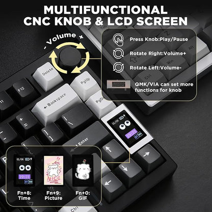 YUNZII AL80 75% Wireless Aluminum Mechanical Keyboard(Black, Cocoa Cream) | QMK/VIA, Smart LCD Display and Knob, Hot Swap, Gasket Structure, BT/2.4G/USB-C, RGB Keyboard for Gaming/Win/Mac
