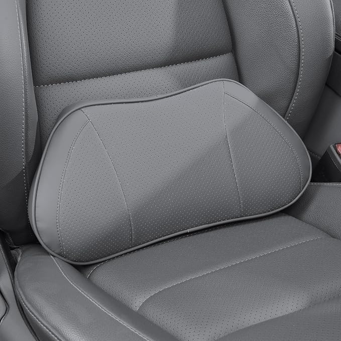 Lumbar Support Pillow for Car, Premium Leather Memory Foam Lumbar Cushion for Lower Back Pain Relief, Universal Back Support for Driving, Home & Office Chairs, Gray, 1 Pack
