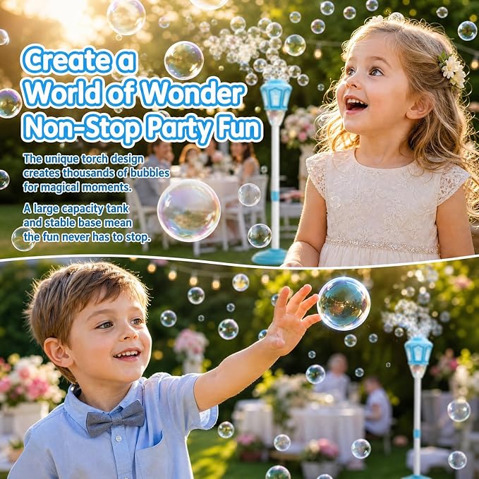 Automatic Bubble Machine for Kids, 47 Inch Vertical Adjustable Height & Handheld Bubble Blower, 10-Hole High Output Bubble Maker with Lights Music, Rechargeable Battery for Party Wedding Birthday