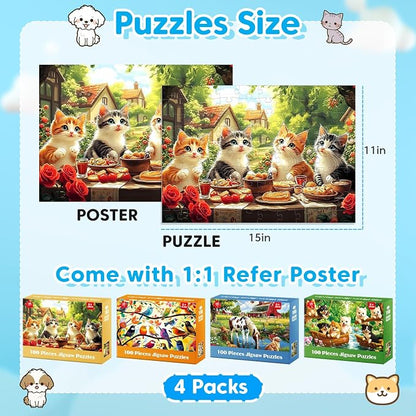 4 Packs 100 Piece Puzzles for Kids Ages 4-6 6-8 8-10, Cats Birds Farms Dogs Jigsaw Puzzles Educational Kids Puzzles 5-8 Gifts for Girls Boys Adults Seniors 15x11in