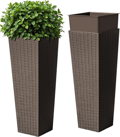 Devoko Resin Tall Planters for Outdoor Plants Set of 2, Large Taper Outdoor Planter Pots with 4 Drainage Holes, Flower Pots Modern Decor for Porch, Patio, Backyard, Home Garden (Brown, 32")