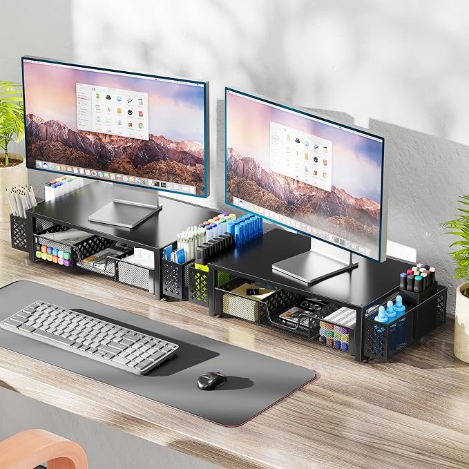Simple Trending Metal Monitor Stand Riser, Drawer & 2 Pen Holders, Black | 2-in-1 Desk Organizer & Monitor Stand | Sturdy Metal | Ergonomic Support | Space Saving | Easy Setup