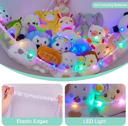 Unicorn Castle Stuffed Animals Net or Hammock Kids Toy Storage Organizer with LED Light Hanging Corner Stuffed Animals Holder Kids Girls Room Decor,White,Large (Pack of 1)