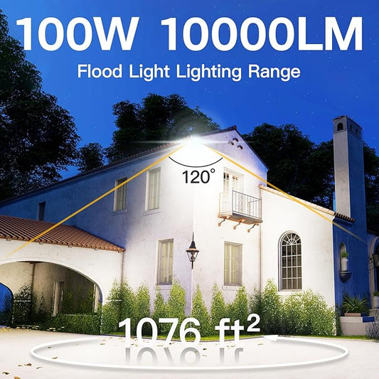 1 Pack LED Flood Lights Outdoor, 100W 10000LM Super Bright Floodlight Outside Work Light with 5.9FT Plug, IP65 Waterproof 6000K Outdoor LED Flood Light for Garage, Yard, Lawn, Garden