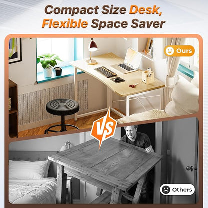 Huuger Folding Desk for Small Spaces, 31.5 Inch Foldable Computer Table, Easy Assembly, for Home Office, Study, Bedroom, Dorm, Space Saving, Small Writing Work Office Computer Desk, Oak