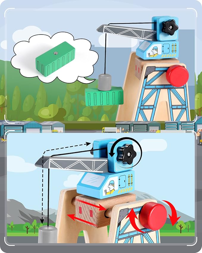 SainSmart Jr. Wooden Train Set Accessories, Magnetic Rotary Crane Set, Compatible with Brio, Thomas, Melissa and Doug
