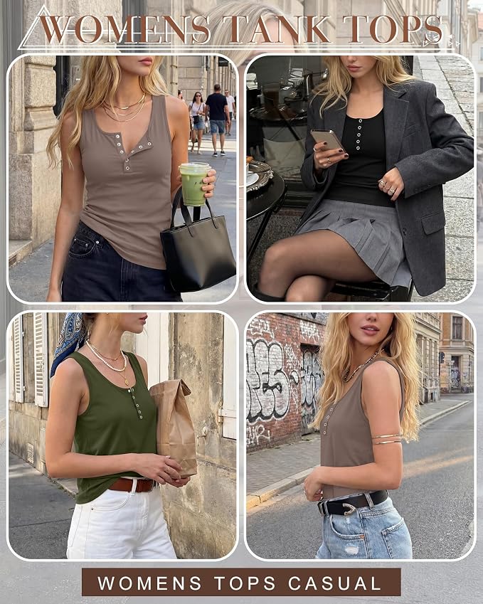 Ficerd 3 Pack Women's Henley Tank Tops Sleeveless Button Down Summer Shirts 2026 Casual Trendy Loose U Neck Tee Blouses