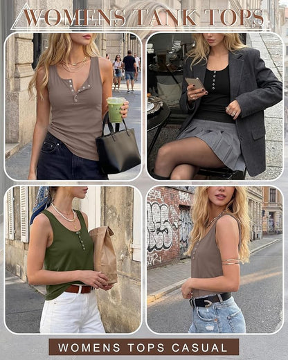 Ficerd 3 Pack Women's Henley Tank Tops Sleeveless Button Down Summer Shirts 2026 Casual Trendy Loose U Neck Tee Blouses