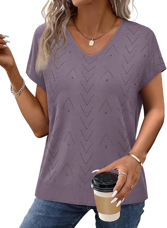 WIHOLL Short Sleeve Sweater for Women V Neck Trendy Cute Tops Business Casual Outfits Cap Sleeve