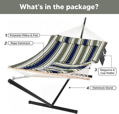 SUNCREAT Hammocks Double Outdoor Hammock with Stand, Cotton Rope Two Person Hammock with Polyester Pad & Large Pillow, Blue& Gray