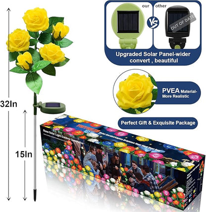 Solar Flower Lights Outdoor - Upgraded New Material Two Modes Realistic LED Solar Powered Waterproof Lights with 5 Roses, Solar Decorative Stake Lights for Garden (Yellow, 2 Pack)