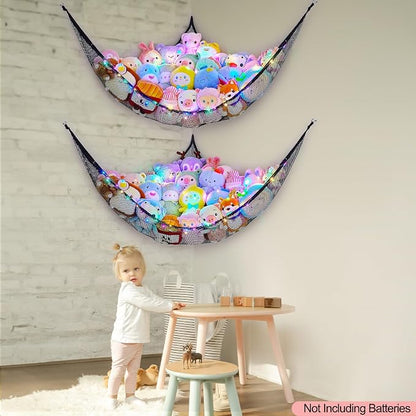 Unicorn Castle Stuffed Animals Net or Hammock Kids Toy Storage Organizer with LED Light Hanging Corner Stuffed Animals Holder Kids Girls Room Decor,Black,Large (Pack of 2)