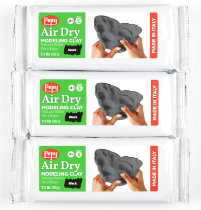 Pepy Premium European Air Dry Modeling Clay Black 3 Pack 1.1 lb Bars, 3.3 lbs Total, Easy to Use Air-Hardening Clay for Classroom and Montessori Sculpting and Crafts Projects