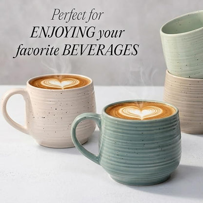 Sango Siterra Artist's Blend 17 oz. Stoneware Mug Set- Service for 4, Rustic Design, Green/White/Beige, Scratch-Resistant, Microwave & Dishwasher Safe, for Everyday Dining & Entertainment