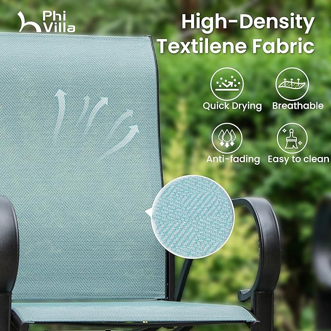 PHI VILLA 5 Piece Outdoor Bar Set, High Top Patio Bistro Bar Table and 4 Outdoor Swivel Bar Stools Chairs with Teal Textilene Fabric for Outside, Balcony, Garden and Yard