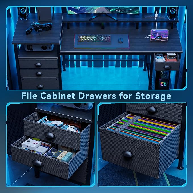 Furologee 60" Black Computer Desk with 4 Drawers and Printer Space, Gaming Desk with LED Lights and USB Power Outlets, Home Office Desk with Fabric File Cabinet,Study Work Table with Shelf for Bedroom