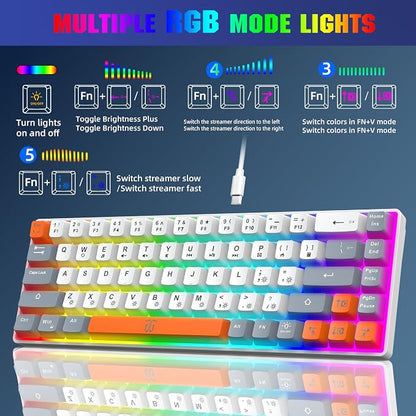 Snpurdiri 60% Percent Gaming Keyboard (68 Keys, White-Grey-Orange) | Ergonomic Compact RGB Backlit Small Gaming Keyboard for Windows, PC, Laptop