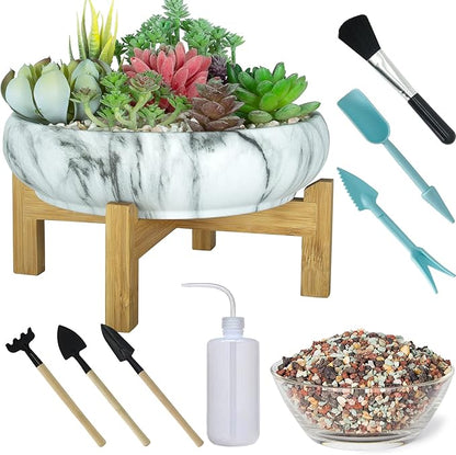 Succulent Pots, 10 Inch Large Succulent Planter Pots with Drainage - Ceramic Marble Bonsai Pot with Stand Shallow Planter for Cactus Flower Plants Plus Succulent Planting Tools Set & 2.2lb Mix Pebbles
