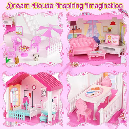 TUZT 2-Story Doll House with Stairway, Toy Figure, Pet Dogs, Furniture and Accessories, Pretend Play Dream Dollhouse with Light, Christmas Birthday Gifts for Kids Toddlers Girls Aged 3 4 5 6